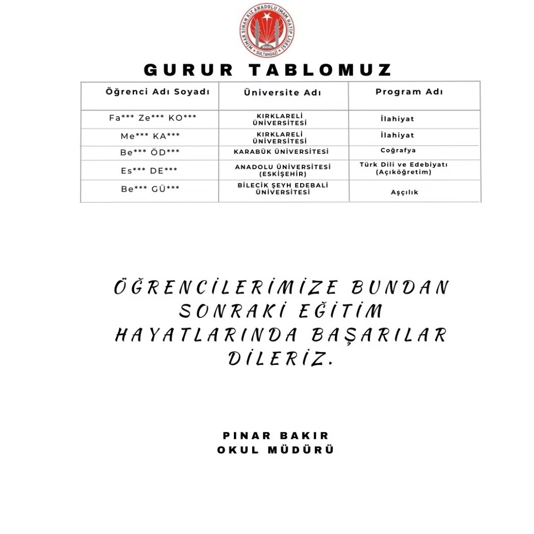 Mezunlarımız bizleri gururlandırdı. Tüm öğrencilerimize bundan sonraki eğitim hayatlarında başarılar dileriz. 
<a href="/sultangazimem1/">Sultangazi İlçe Millî Eğitim Müdürlüğü</a> <a href="/BAKIRPINAR/">Pınar</a>