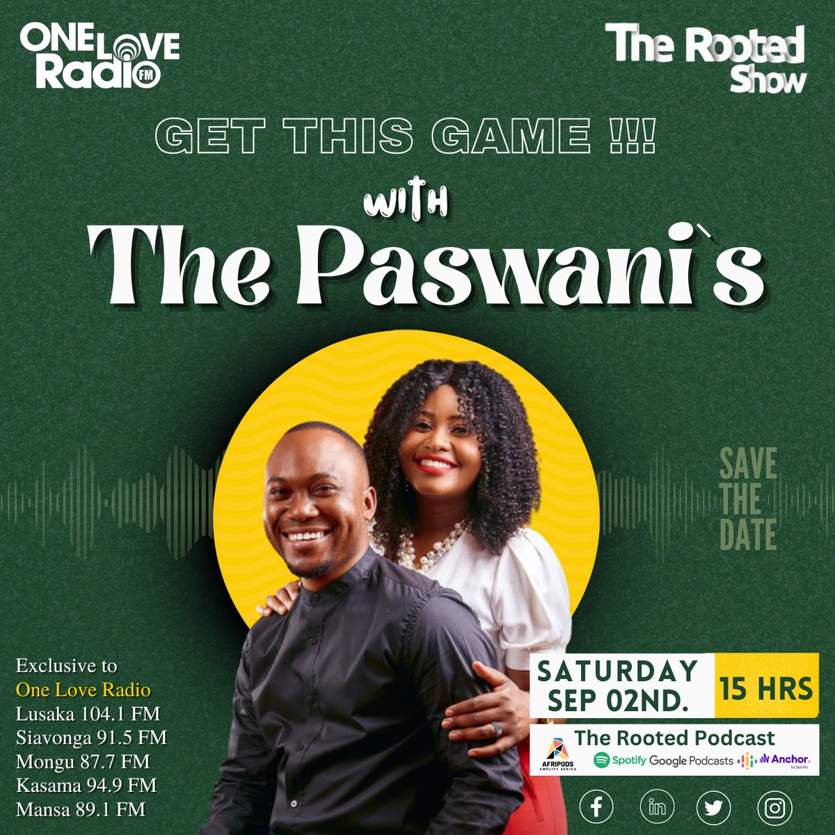ShowRooted's tweet image. 🎉 Happy New Month!Join us as we kickstart September with 𝐆𝐄𝐓 𝐓𝐇𝐈𝐒 𝐆𝐀𝐌𝐄! Hosting Pastors @Perpetualchalwe  and @RudolphPaswani   for a deep dive into Love, Faith, and Passion. ✨🗓️ Sept 2, 2023, 3:00 PM sharp! 📻 Tune in at onelovezambia.com. 

@TheePaswanis