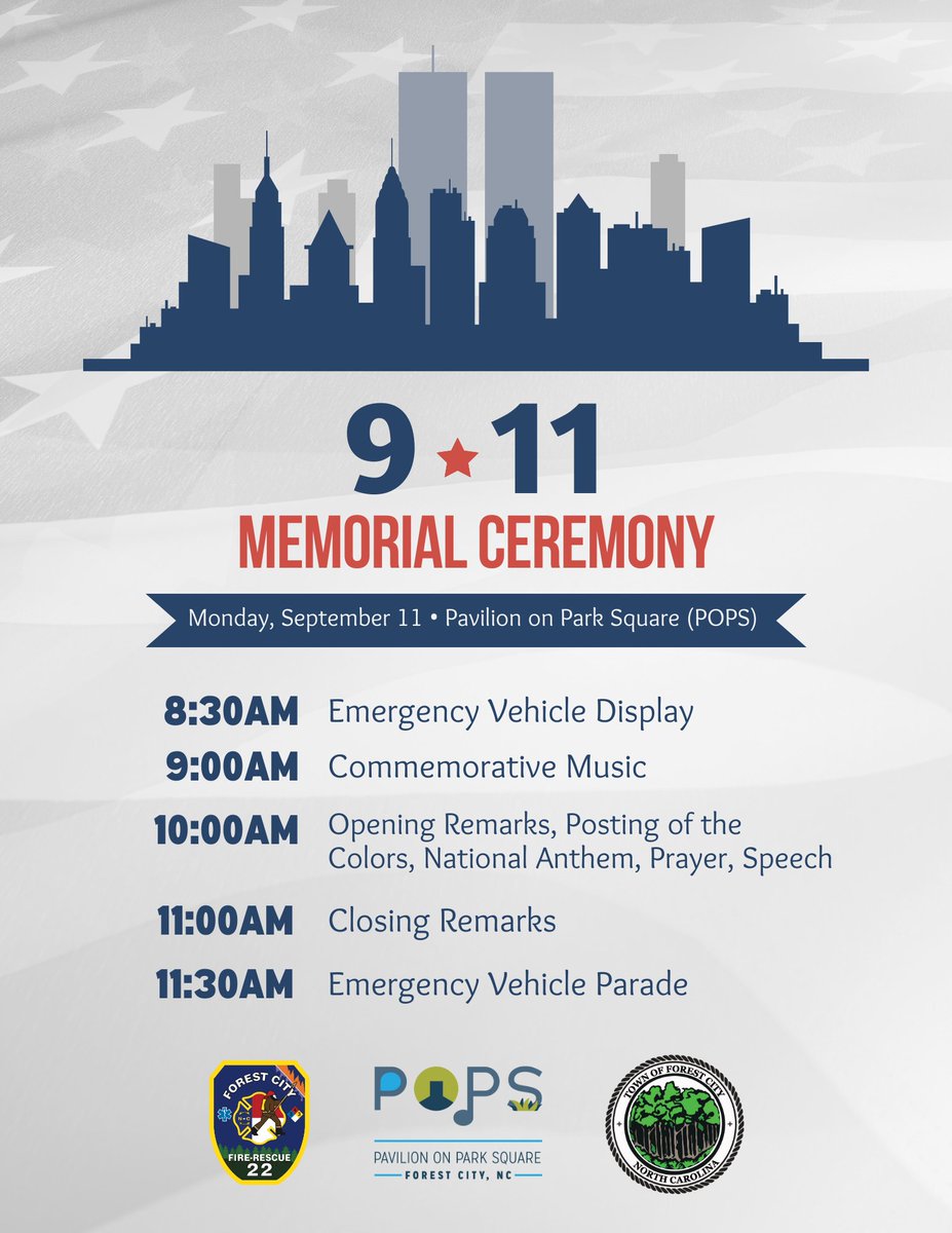 Join us at POPS on Monday, September 11 for the Forest City Fire Rescue's annual 9/11 Memorial Ceremony! 🇺🇸