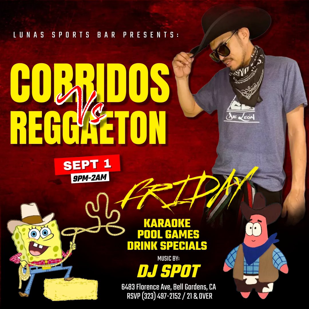 _djspot's tweet photo. ‼️TONIGHT‼️Come catch the vibes inside Lunas #Sports #Bar in #BellGardens for our #Corridos VS #Reggaeton #party with myself #Dj Spot in the mix until 1:45A, see you there🤠🍻👯‍♀️🎤#GrupoFirme #KarolG #PesoPluma #BadBunny #Friday #Billiards #Barbie #Karaoke #LDW #LaborDay #Girls https://t.co/409iOTLYPk