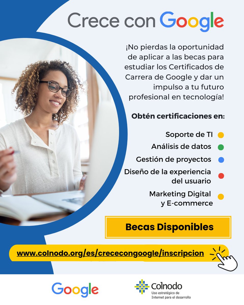 SaldarriagaConc's tweet photo. ¡Atención jóvenes con #Discapacidad! Siguen abiertas las inscripciones para postularse a algunas de las 12.500 becas de formación digital ofrecidas por @Colnodo y @GoogleColombia.

No pierdas esta fantástica oportunidad de #CrecerConGoogle y regístrate👉 https://t.co/ycAvxazse4 https://t.co/JSYEjxPGV3