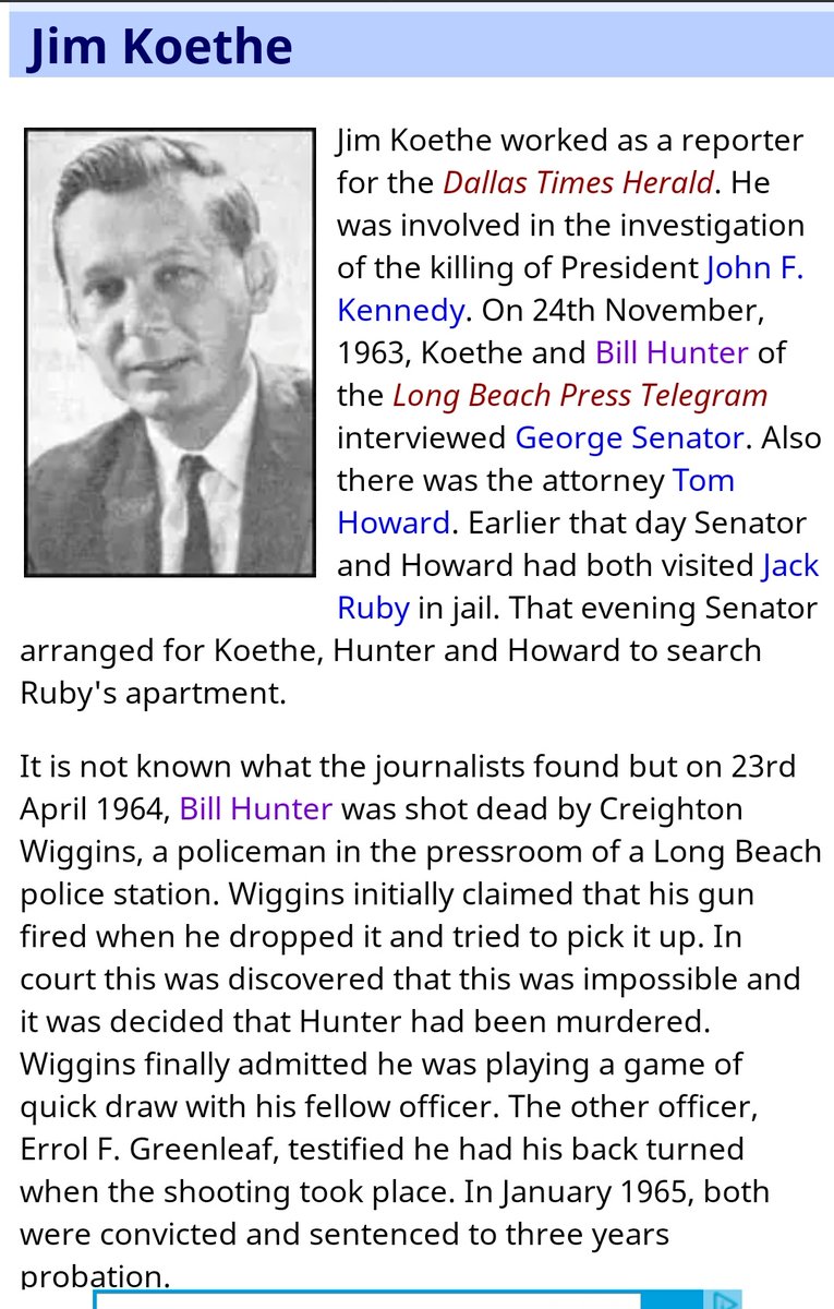DavidTaormia's tweet image. #JimKoethe decided to write a book about the assassination of #JFK. Sept 21 1964 a man broke into his apartment and killed him by karate chop to the throat. April 23 1964, #BillHunter was shot dead by Creighton Wiggins, a policeman in the pressroom of a Long Beach police station.