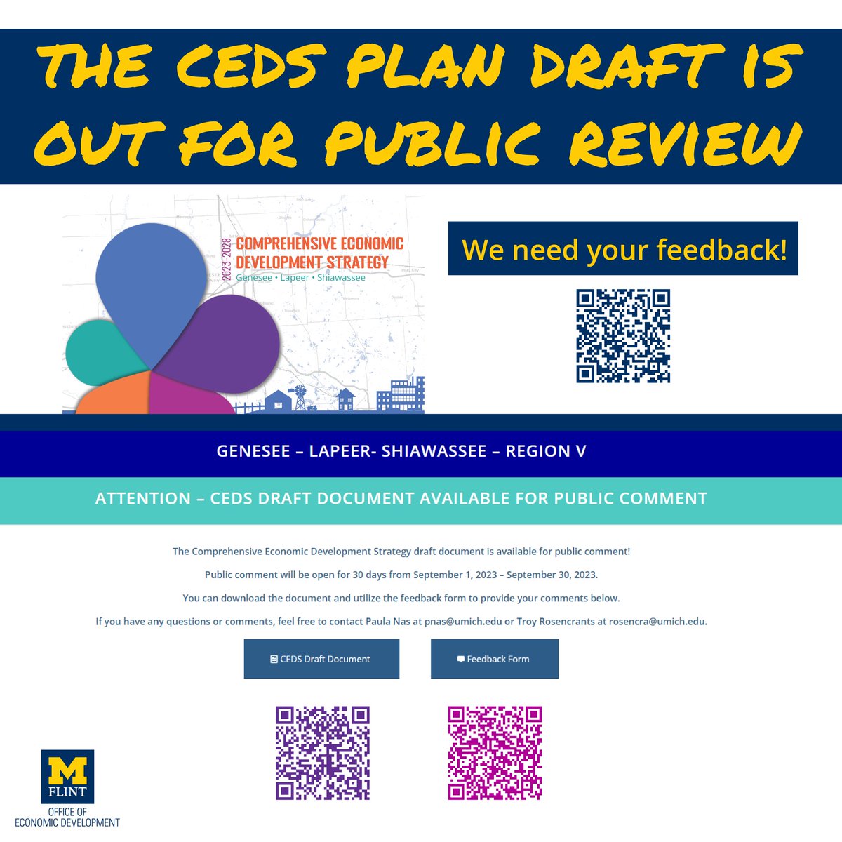The CEDS plan draft document is available for public review!  If you live in Genesee, Lapeer or Shiawassee counties, please review the doc that helps set up a blueprint for the region to continue to grow &amp; strengthen into the future.go.umflint.edu/CEDSDraft