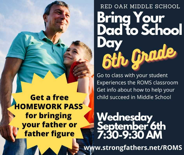 romiddleschool's tweet photo. Bring Your Dad to School on Wednesday, September 6, 2023. Fathers, we can't wait to see you. You are an integral part to the work we do! #HawkPride #BleedMarroon https://t.co/SQQioA6tyy