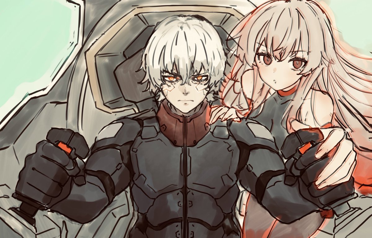 1girl 1boy cockpit long hair white hair brown eyes pilot suit  illustration images