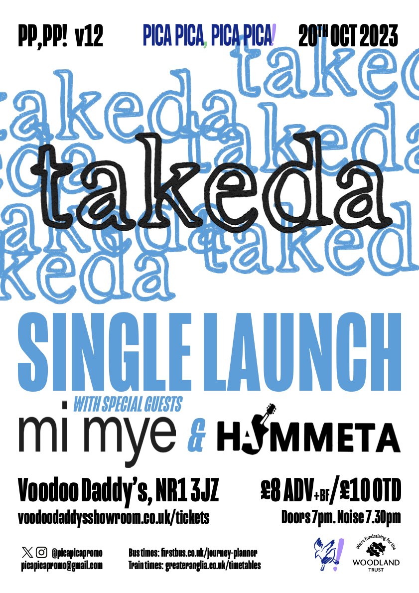It's 7-wks 'til we host Takeda's California single launch on Fri 20 Oct at Voodoo Daddy's, #Norwich, with special guests <a href="/mimyeband/">mi mye</a> + <a href="/HammetaTwitch/">HammetaTV</a>: doors 7pm, noise 7.30pm🔥🔥🔥

Get involved: eventbrite.co.uk/e/takeda-speci…