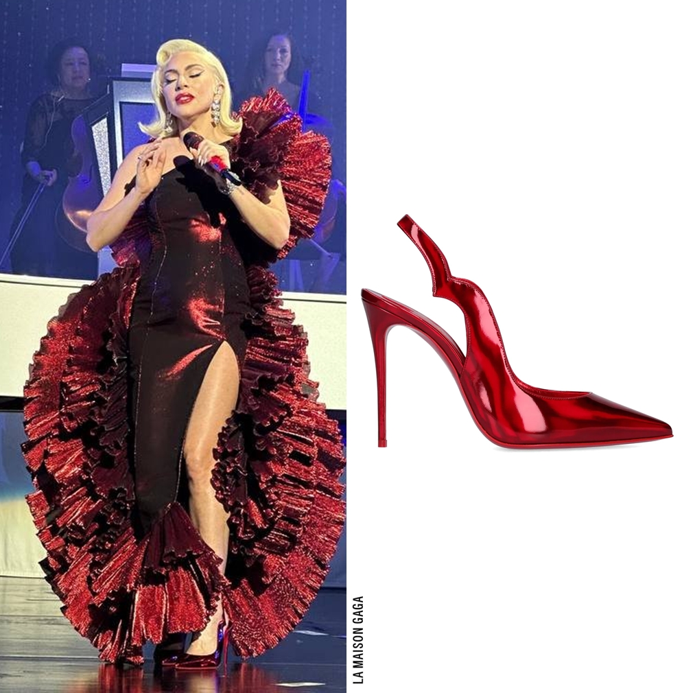 Lady Gaga then stunned the crowd (and us) in a custom @RobertWun couture " Rose Blossom" metallic pliss gown and the @LouboutinWorld "Hot Chick  Psychic" red metallic leather slingback pumps!