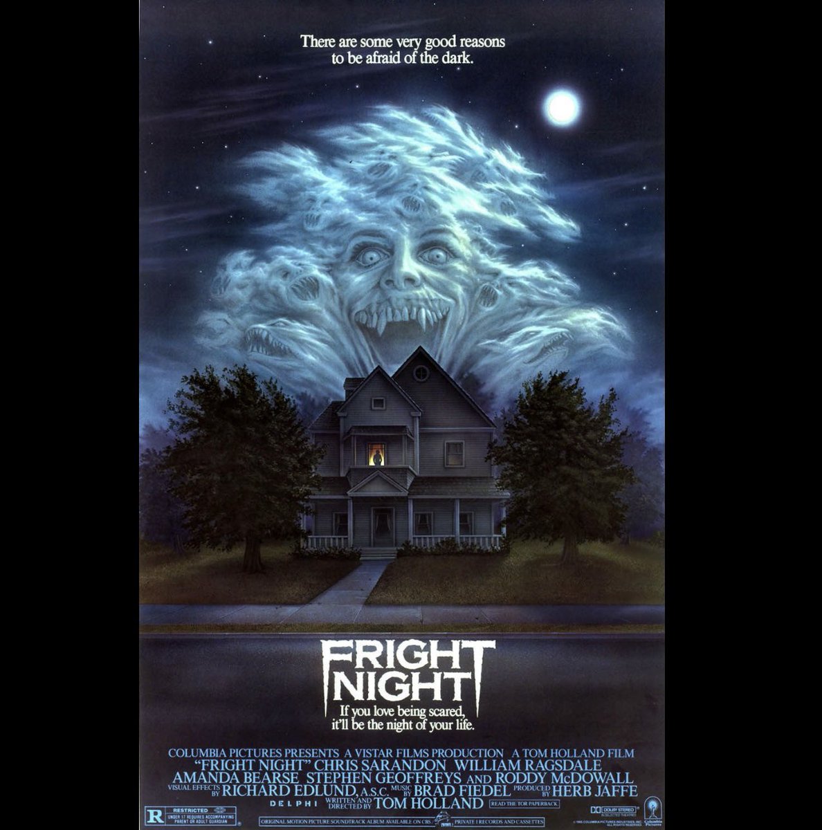 Aaronzeem's tweet photo. This is “Fart Night (based on the original Fright Night movie poster)” 36” x 36” oil on wood panel, 2023. They are nestled in the demon laced clouds above the vampire house in the 1985 Chris Sarandon/ Roddy McDowell camp horror classic “Fright Night” It’s gift to @KelseyChapstick https://t.co/qYBOEsPsh5