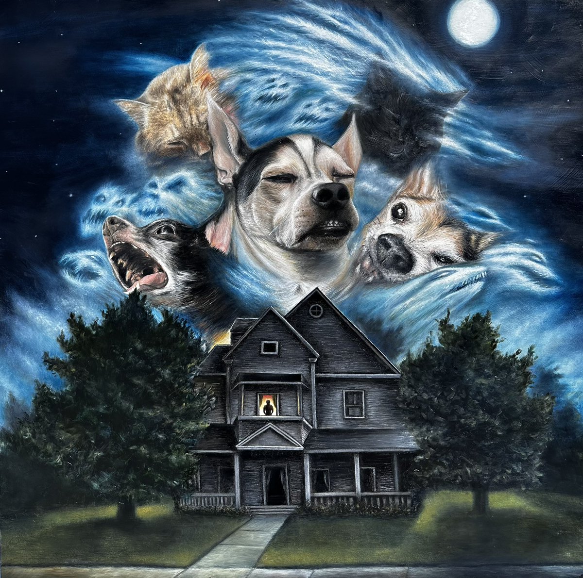 Aaronzeem's tweet photo. This is “Fart Night (based on the original Fright Night movie poster)” 36” x 36” oil on wood panel, 2023. They are nestled in the demon laced clouds above the vampire house in the 1985 Chris Sarandon/ Roddy McDowell camp horror classic “Fright Night” It’s gift to @KelseyChapstick https://t.co/qYBOEsPsh5