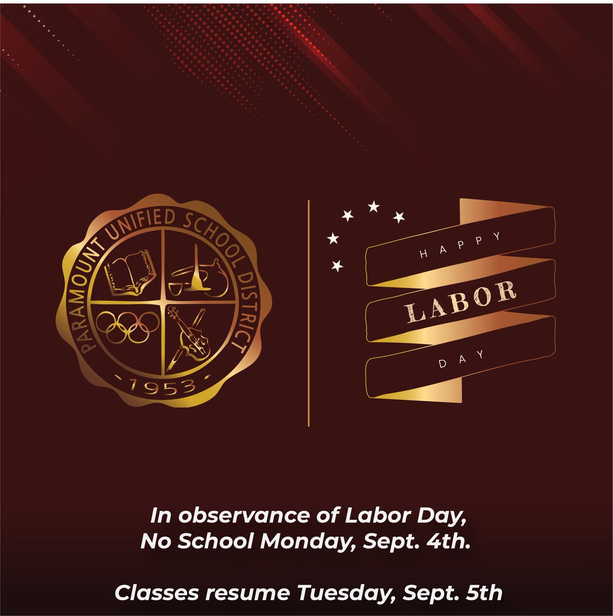In Observance of Labor Day, no school on Monday, September 4th. Classes resume Tuesday, September 5th.