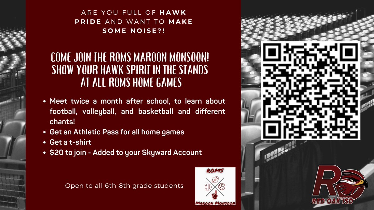 romiddleschool's tweet photo. Is your student looking for a way to get involved on campus? Join the ROMS Maroon Monsoon! Show your HAWK SPIRIT at all ROMS games for football, volleyball, and basketball. This is open to all ROMS students 6th-8th grade. See Coach Schwieger, Mrs. Franklin, for more information. https://t.co/3xDh3NM0SE