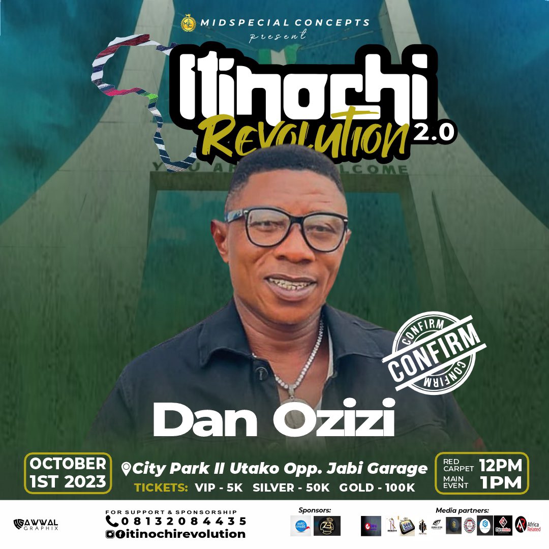 Midspecial1's tweet photo. Dan Ozizi will be performing Live at Itinochi Revolution π₯π₯π₯
Come ve an unforgettable experience with us on 1st October, 2023
Venue: City Park II Utako, Abuja
Go grab your ticket guys
#itinochirevolution #proudlyAnebira #E2DWORLD #ebirapeople @EbiraConnect @EbiraHome https://t.co/nA4sV8F4t9