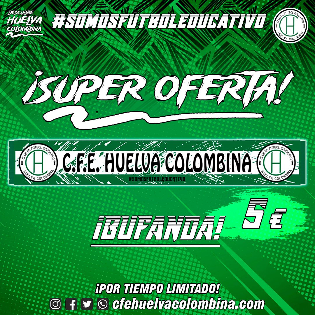 cfehuelvaC's tweet photo. 💥¡SUPER OFERTA! Ánima a nuestros equipos desde la pretemporada llevando contigo en cada momento nuestra BUFANDA oficial desde solo 5€🔝💚🤍

¡No lo pienses más #DescubreHuelvaColombina! ⚽

No dejes pasar esta REBAJA del 50% 📞 640 62 64 81

#SomosFútbolEducativo #CFEHC https://t.co/gnc8nsbD5N