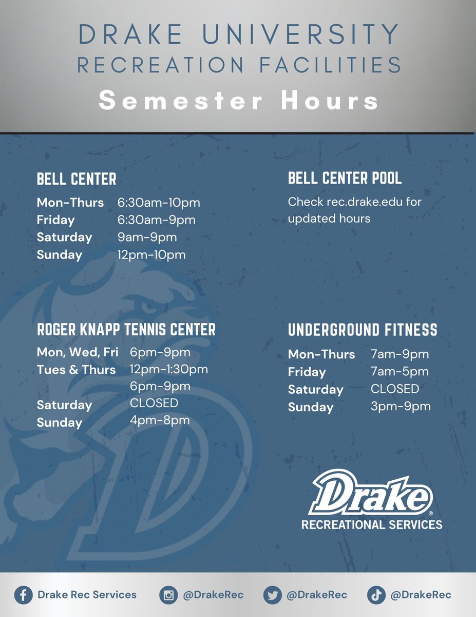 DrakeRec's tweet image. Fall semester hours begin Tuesday, September 5!