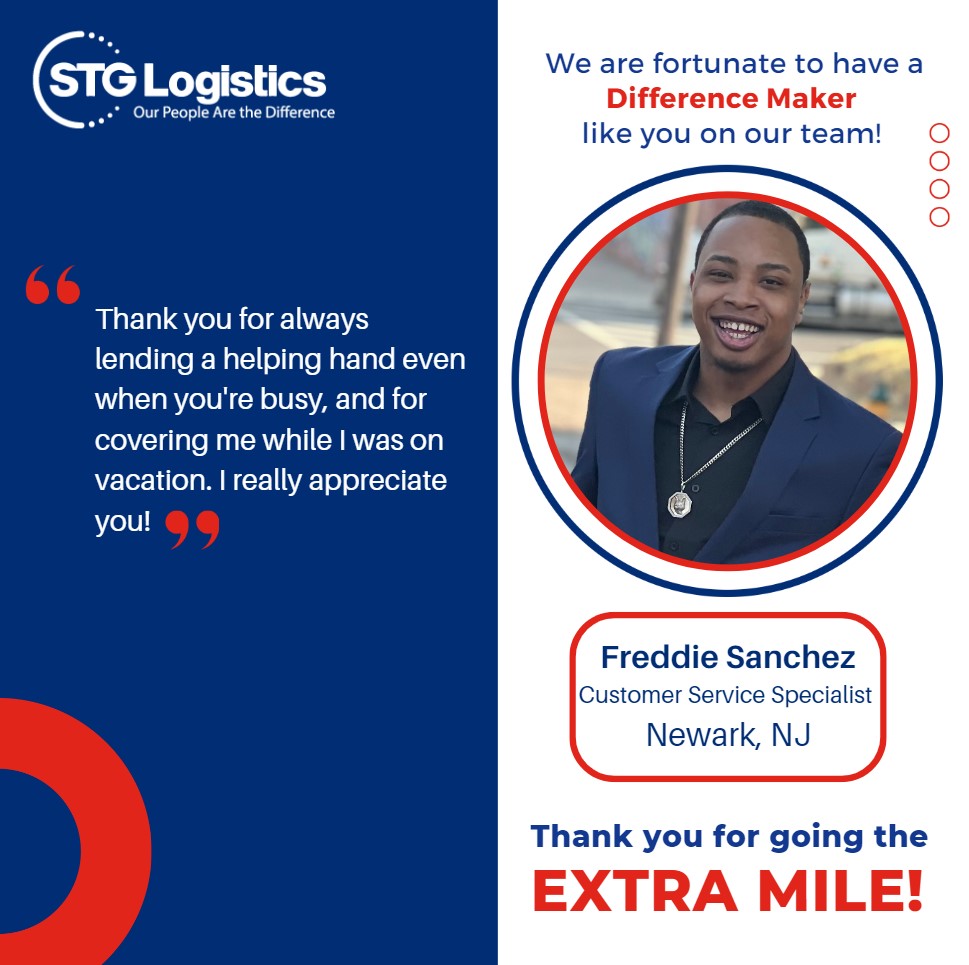 #STGLogistics expresses our thanks to Freddie Sanchez. His unwavering support and helpfulness towards his fellow teammates is what makes him a true embodiment of the #STGDifference. 
#employeeappreciation