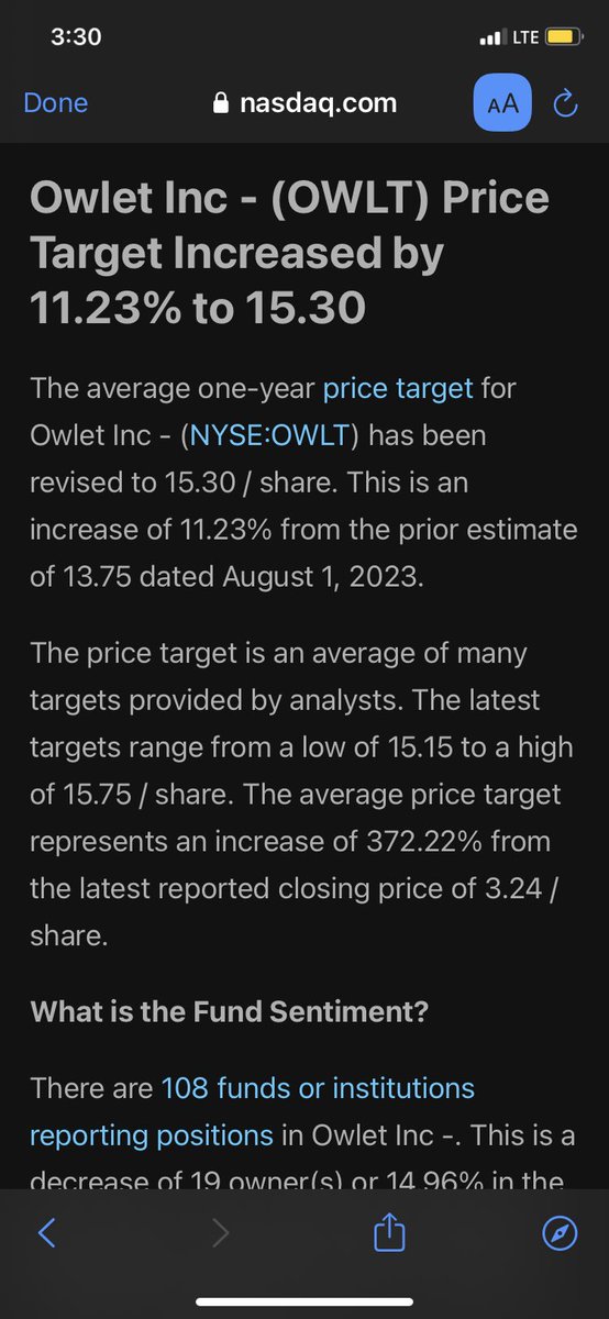 lruney's tweet image. Great price forecast for $OWLT
$15+ with possible 372% increase.  Still holding $VET from the $13s broke through $15 today and got out of $CTNT over $3 today, may re-enter 2.40s or lower.