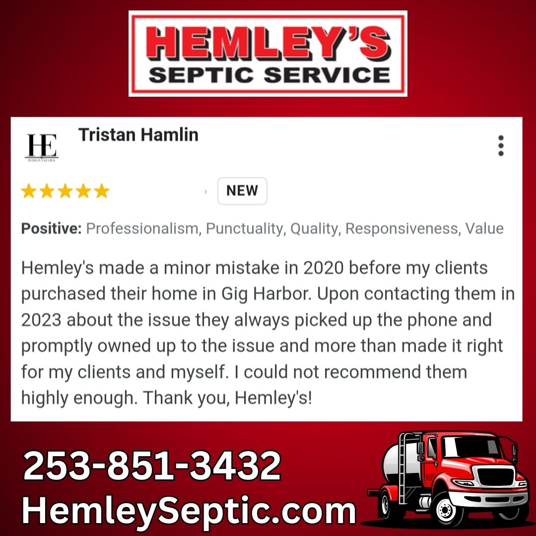 🌟🌟🌟🌟🌟 Customer Appreciation

👨🏼‍🔧🚛🚽 Hemley's Septic, Serving You, Since '62! 
📱Call 253-851-3432
💻 hemleyseptic.com

#hemleysseptic #gigharbor #tacomawa #masoncounty #piercecounty #thurstoncounty #kitsapcounty #kitsapcountyseptic #masoncountyseptic #gigharborseptic