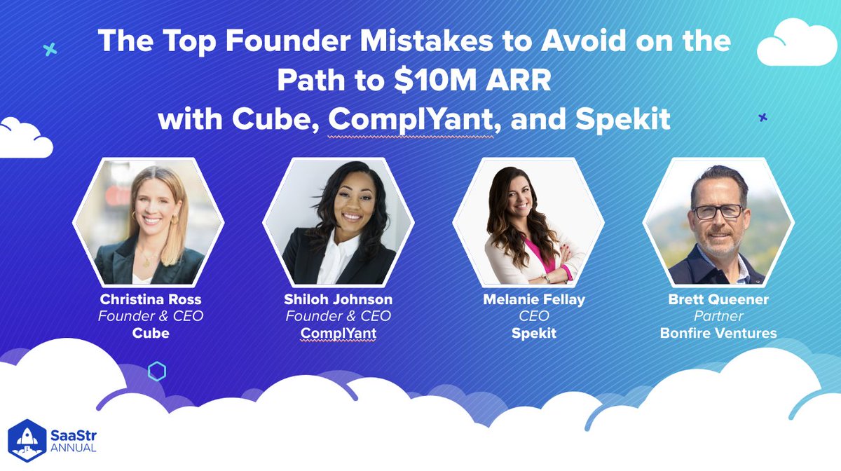 SaaStr Annual (@saastrannual) on Twitter photo Hear from <a href="/melfellay/">Mel Fellay 💫</a> , CEO <a href="/spekitapp/">Spekit</a>, <a href="/cfochristina/">Christina Ross</a>, founder & CEO @cubesoftwarehq, @shilohajohnson, founder & CEO <a href="/ComplyantApp/">ComplYant</a>, and <a href="/bqueener/">Brett Queener</a>, Partner <a href="/bonfire_vc/">Bonfire Ventures</a>, about the top mistakes founders make and how to avoid them. Hear from <a href="/melfellay/">Mel Fellay 💫</a> , CEO <a href="/spekitapp/">Spekit</a>, <a href="/cfochristina/">Christina Ross</a>, founder & CEO @cubesoftwarehq, @shilohajohnson, founder & CEO <a href="/ComplyantApp/">ComplYant</a>, and <a href="/bqueener/">Brett Queener</a>, Partner <a href="/bonfire_vc/">Bonfire Ventures</a>, about the top mistakes founders make and how to avoid them.