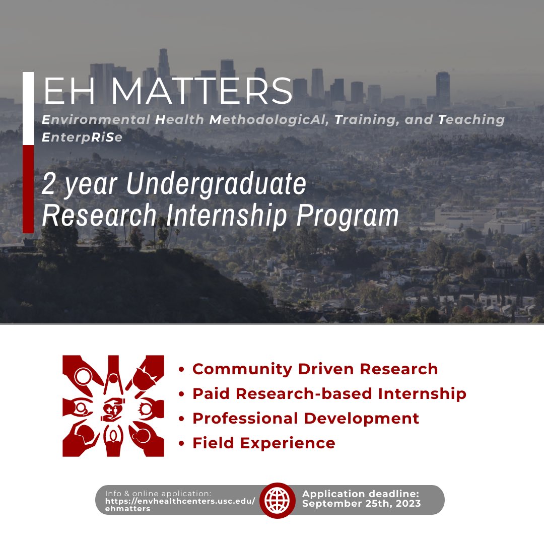 Excited to share that we are ramping up to recruit the next cohort of our stellar <a href="/NIEHS/">Niel</a> funded EH MATTERS program <a href="/USCEnviroHealth/">USC Enviro Health</a> for USC undergraduates from under-represented social identities! Great opportunity for students to gain research training in env health and justice!