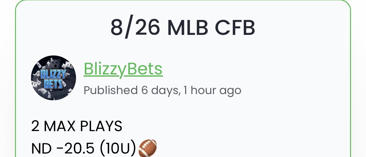 BlizzyBets's tweet photo. ๐2023 CFB SEASON๐
4-0 (100%)๐ฏ
+23.96U๐ค
ROI: 95.8%๐
10U MAX PLAYS: 2-0
CRAZY START TO THE COLLEGE FOOTBALL SZN FOR MY SUBS๐ฅ๐ฅ
SIGN UP FOR TONIGHTS 3U CFB PLAYโฌ๏ธ
https://t.co/lqRUy0Arp7
#GamblingX #SportsBetting #Gambling #SportsGambling #CollegeFootball #CFB #CFBKickOff https://t.co/BhgFgvQ7v4