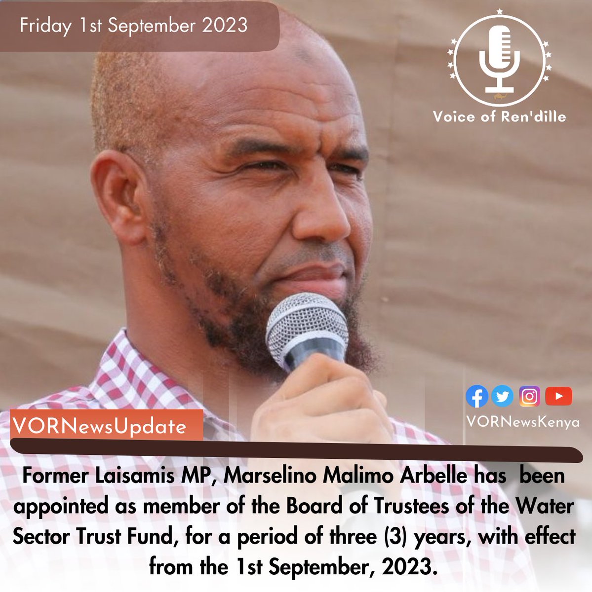 Former Laisamis MP, Malimo Arbelle has been appointed as a member of the Board of Trustees of the Water Sector Trust Fund.

In a gazette notice dated 31st August 2023, CS <a href="/WahomeHon/">Hon. Alice Wahome, EGH</a> stated that Arbelle will serve in the position for three years, starting from 1st September, 2023.