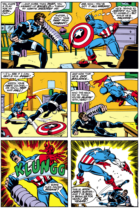 MarvelADay's tweet photo. #Cap153 #MarvelADay You may recall Val pretending to be in love with Cap in order to make Fury jealous. Well it worked: Fury IS jealous and he didn't know it was a ploy, so he wants to beat up our hero! Note the ageist remarks from Steve and Fury's umbrage therefrom! PMB https://t.co/LfsxUytZ8W