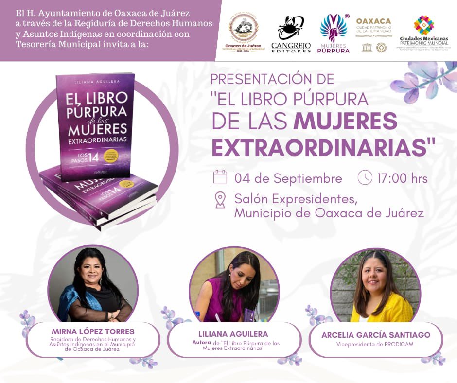 Nos vemos el lunes en la hermosa ciudad de Oaxaca!! agradezco al @MunicipioOaxaca a través de la regidora @mirnalpztorres por su sororidad e interés genuino por las mujeres 💜💜💜#mujerespurpura Lunes 5 pm
