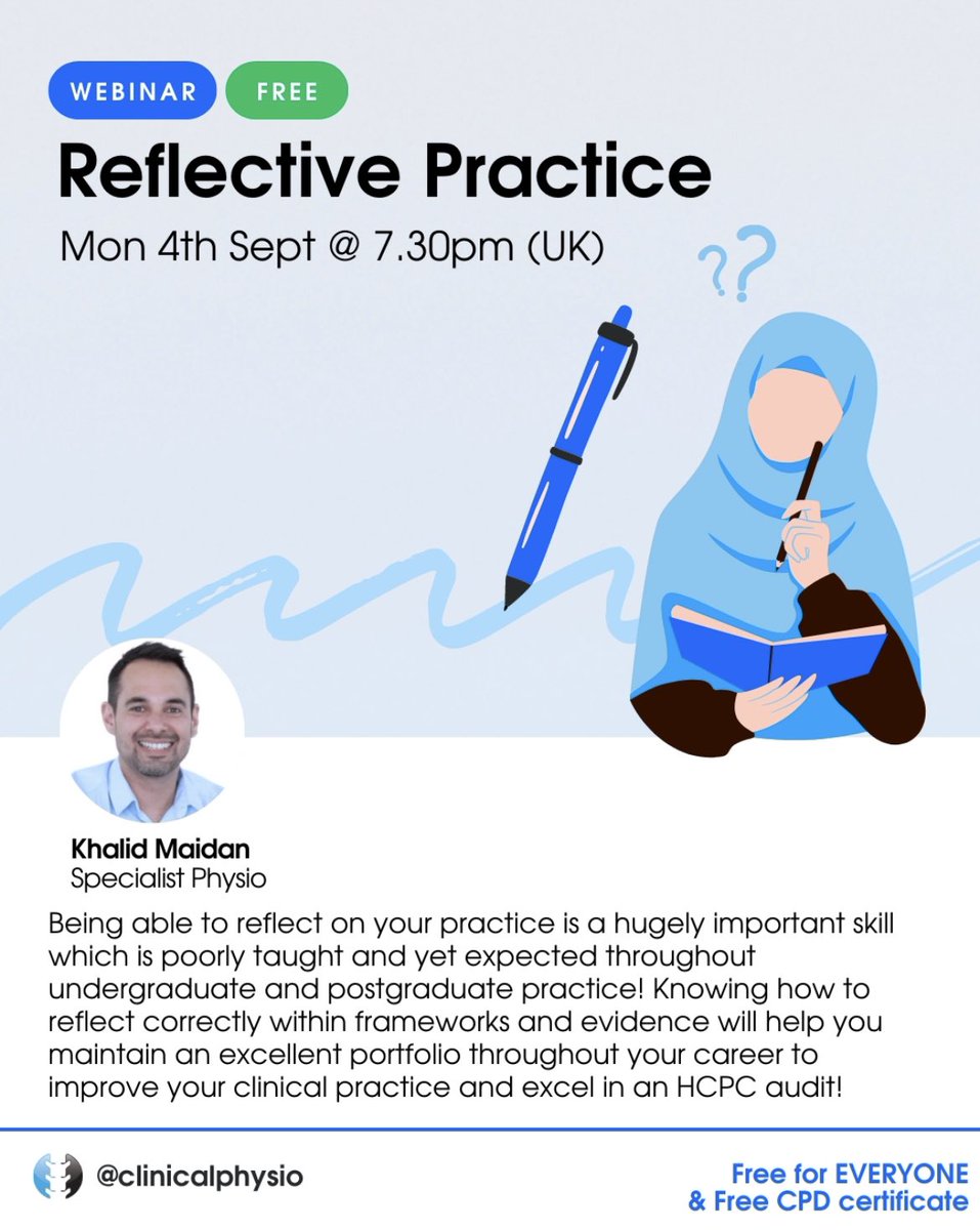 ⭐️ FREE CPD - PLEASE SHARE ⭐️

✅ MONDAY 4TH SEPT @ 7.30PM

✅ “REFLECTIVE PRACTICE”

✅ FREE CPD CERTIFICATE FOR ALL AND 72 HOUR REPLAY!

TO REGISTER ➡️ clinicalphysio.com/live-webinars