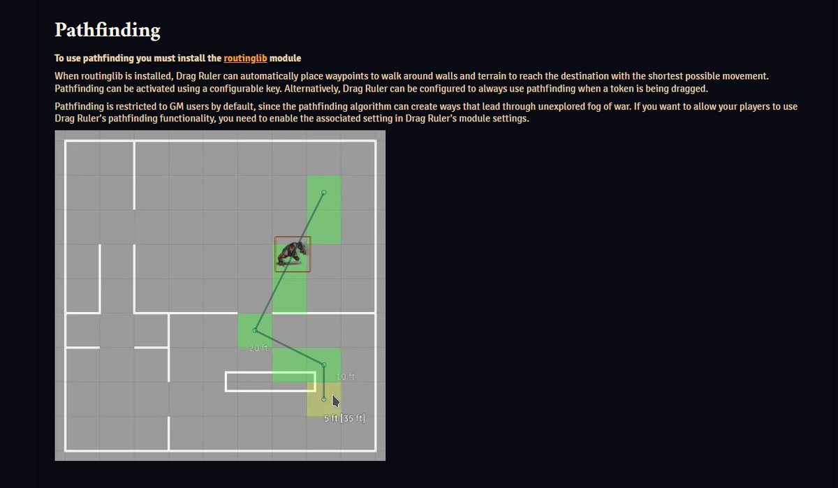 Ok, I am way too excited to discover "Drag Ruler" and its token movement pathfinding feature for #FoundryVTT. My players are amped now. Rather than routinely trigger token collision errors, they'll now have the joy of seeing their token take the shortest path to the destination.