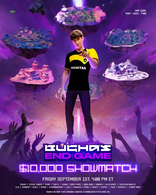 Tournament on our new <a href="/bugha/">bugha</a> End Game map starting NOW! 
Play for yourself:🗺️4294-2523-7409🗺️
twitch.tv/bugha