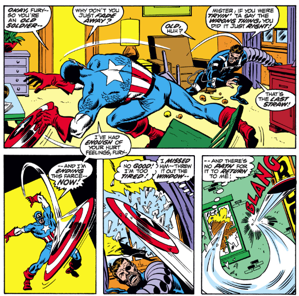 MarvelADay's tweet photo. #Cap153 #MarvelADay Englehart does not overly sentimentalize Cap. He is pissed at Fury for picking this fight and it causes him to make a mistake of his own, although he puts it down to being "tired." Sure... PMB https://t.co/R5oq2vamP8