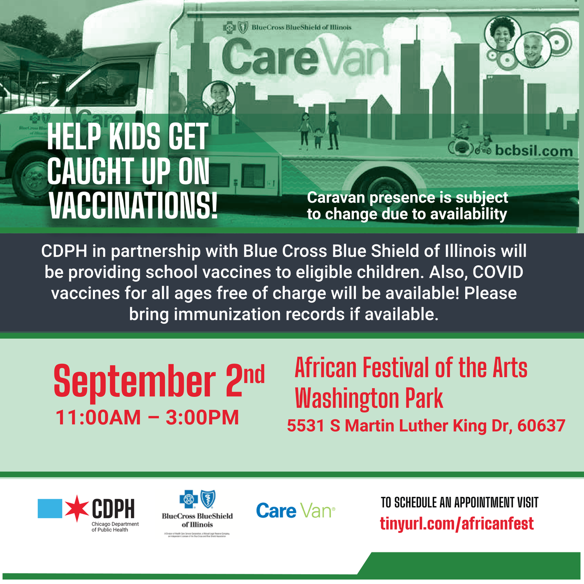 ChiPublicHealth's tweet photo. CDPH Chicago CareVan event: Join us Saturday to stay current on your #bivalent and #flu vaccines. Schedule an appointment: https://t.co/3Q5nXPVgQb https://t.co/V44GfKIUHl