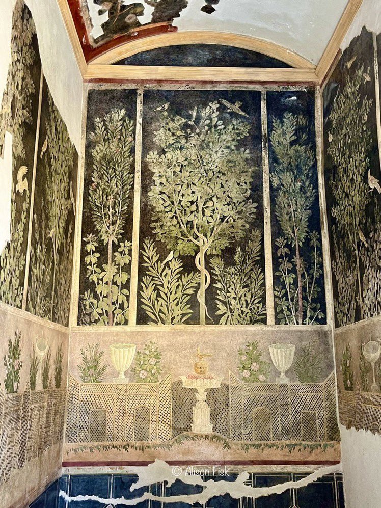 “Casa del Huerto #Pompeya Una habitación encantadora decorada con frescos de un exuberante jardín imaginario lleno de plantas ornamentales, árboles frutales, pájaros, etc.” vía @AlisonFisk 🙏