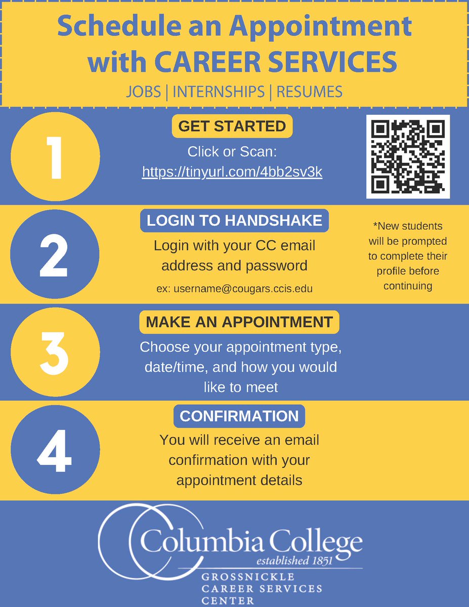 🗣️: Columbia College students!

The Grossnickle Career Services Center is here to help you! Schedule your appointment today!

🔗: ow.ly/HJIz50PFYeq

#WeAreCC