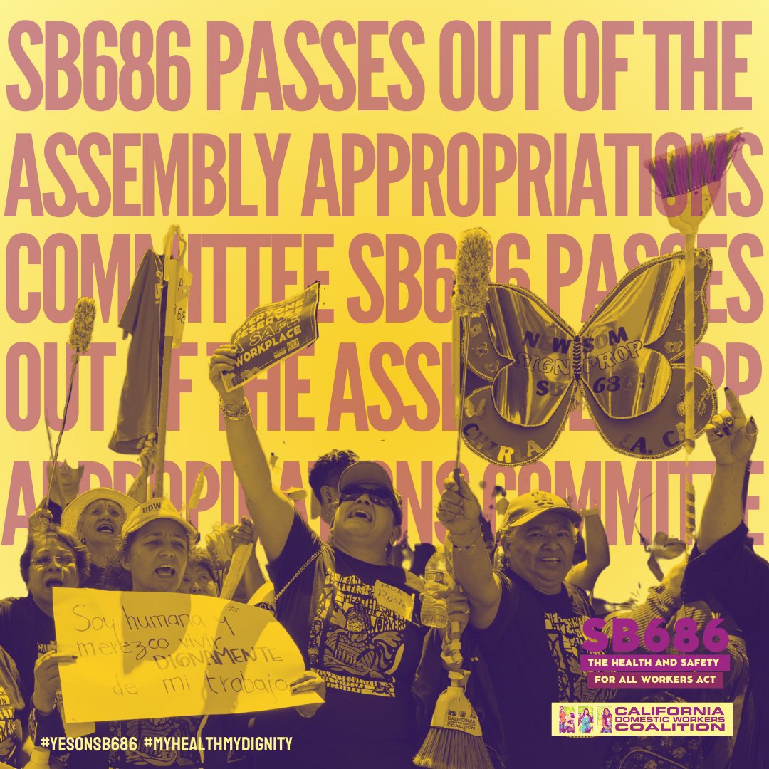 CADomesticWrker's tweet photo. BREAKING: #SB686 has passed out of the assembly appropriations committee! We applaud state leaders @asmchrisholden and @caspeakerrivas for advancing the right of domestic workers to health and safety protections! And we continue to push for #YesOnSB686 #CAleg https://t.co/3z22n6POpG