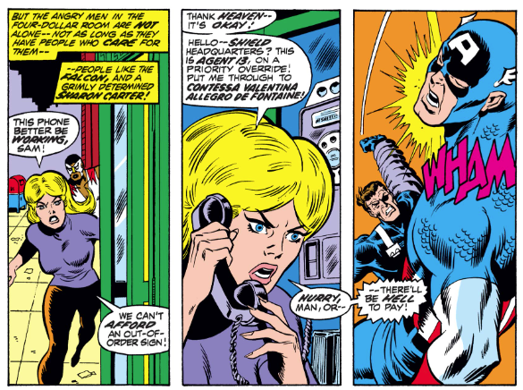 MarvelADay's tweet photo. #Cap153 #MarvelADay I consider this a call-back to Luke Cage trashing a phone booth in #HFH2, Englehart loves jokes like that. I like the way Englehart has the dialogue from one scene overlap the next scene. It's a basic technique, but it maintains story momentum. PMB https://t.co/vrhrEc8MTp