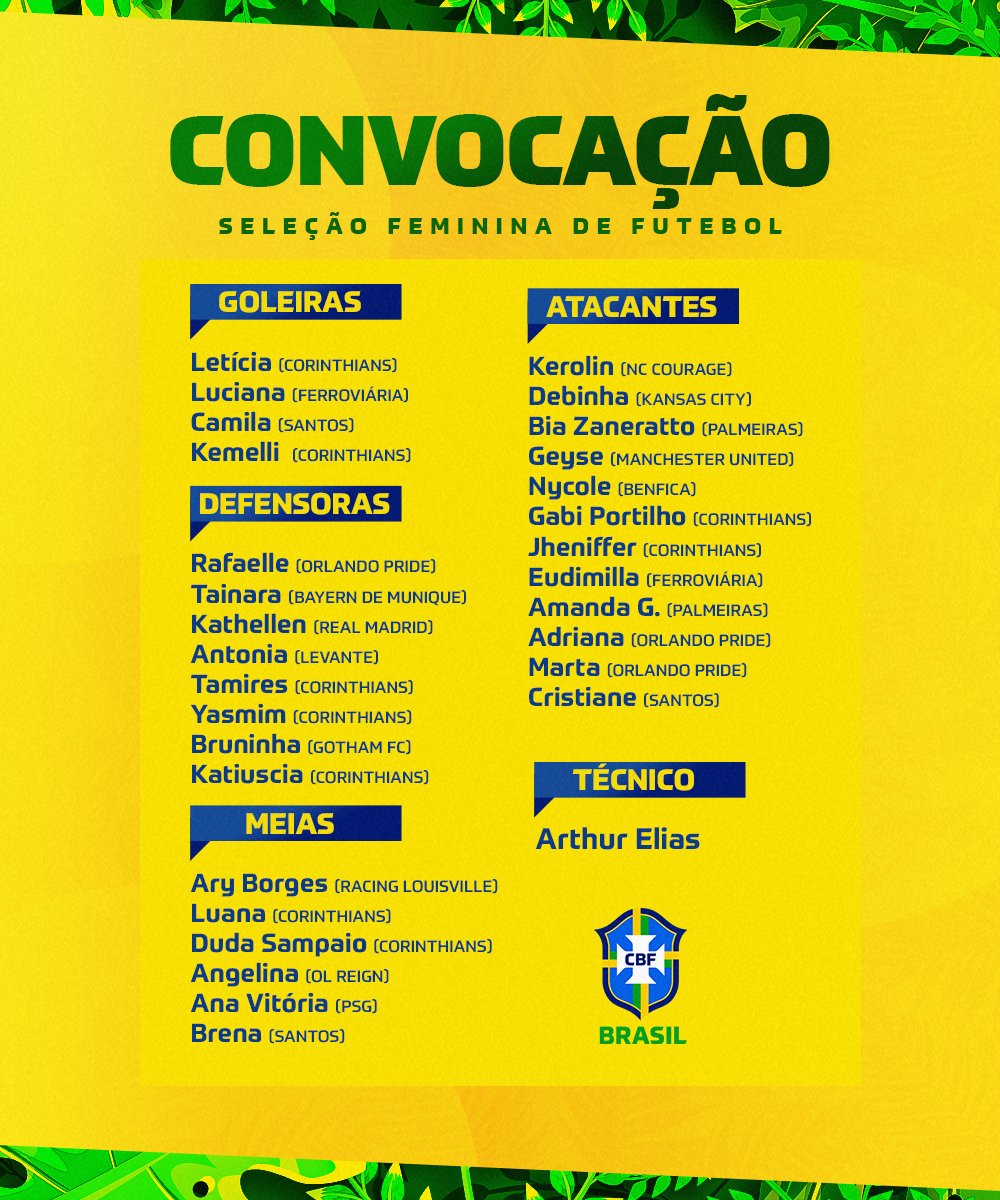 Seleção Feminina de Futebol on X: Confira a lista completa das atletas da  #SeleçãoFeminina convocadas para a data FIFA de setembro. Vamos com tudo!  🇧🇷  / X