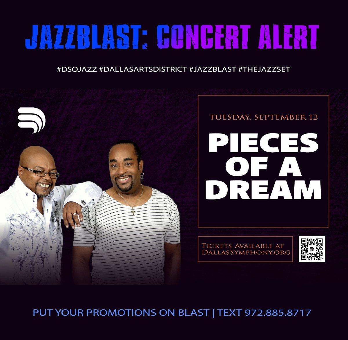 #JazzBlast Concert Alert: #Piecesofadream at the Meyerson @DalArtsDistrict  Sept 12. Tix via bio link.

#dfw #DallasTX #VisitDallas #UptownDallas #DowntownDallas