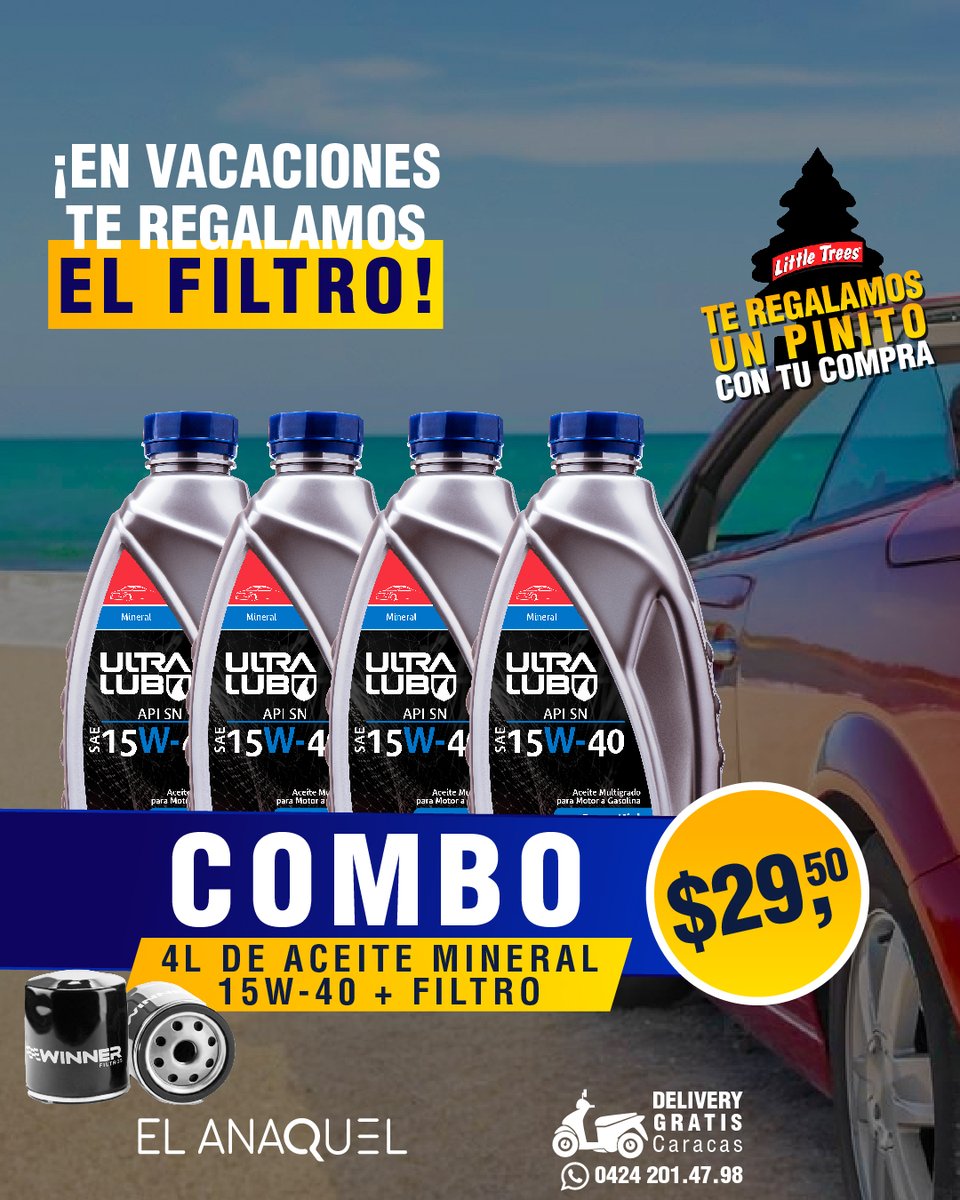 Elanaquelcom's tweet photo. Disfruta de nuestras promociones en aceite
✅ 4 Litros de 15W40 MINERAL #ULTRALUB + Filtro $29,50  ¡te regalamos un pinito con tu compra! 

Contamos con Delivery Gratis en la Gran #Caracas https://t.co/5m3W24qxBB