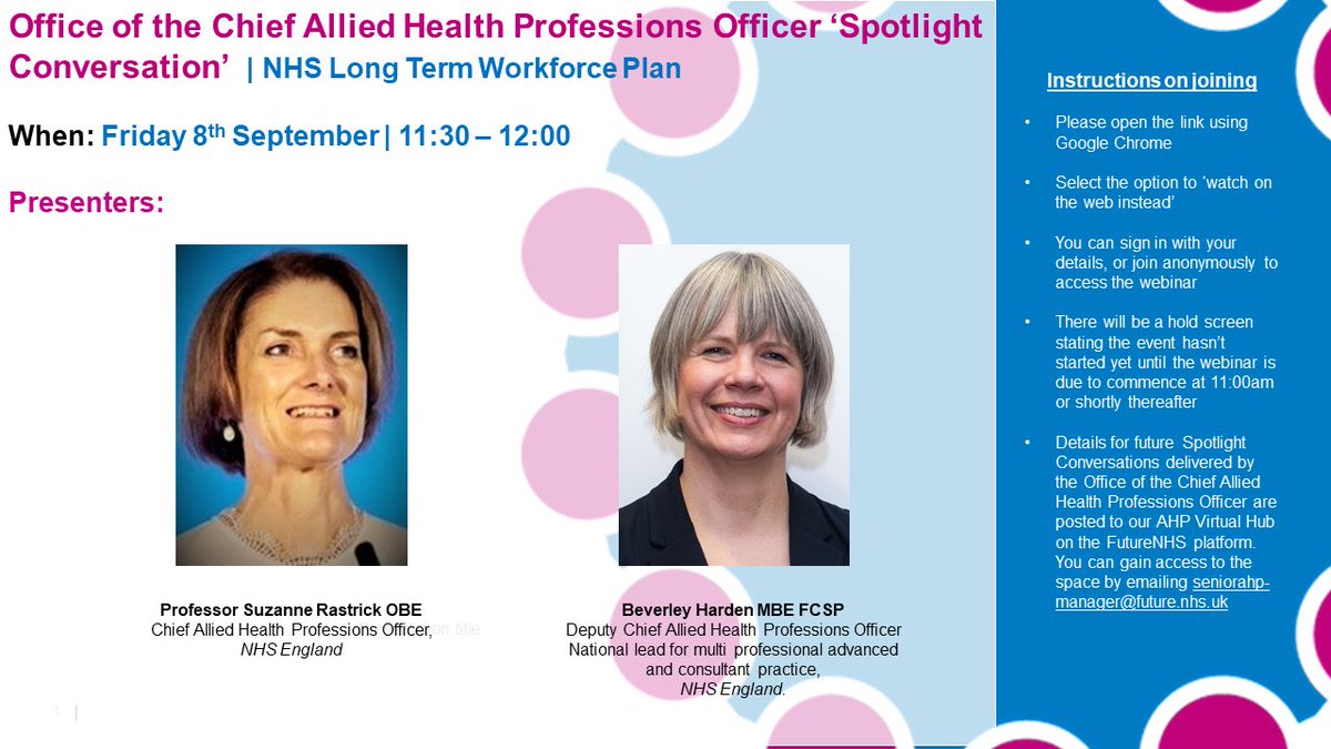 The Office of the #CAHPO (England) are launching a series of short briefings for #AHPs during the autumn & spring seasons 📆 First session: Friday 8 September from 11:30am - 12:00pm ⭐Topic: NHS Long Term Workforce Plan Joining link 👉 gbr01.safelinks.protection.outlook.com/ap/t-59584e83/… @WeAHPs