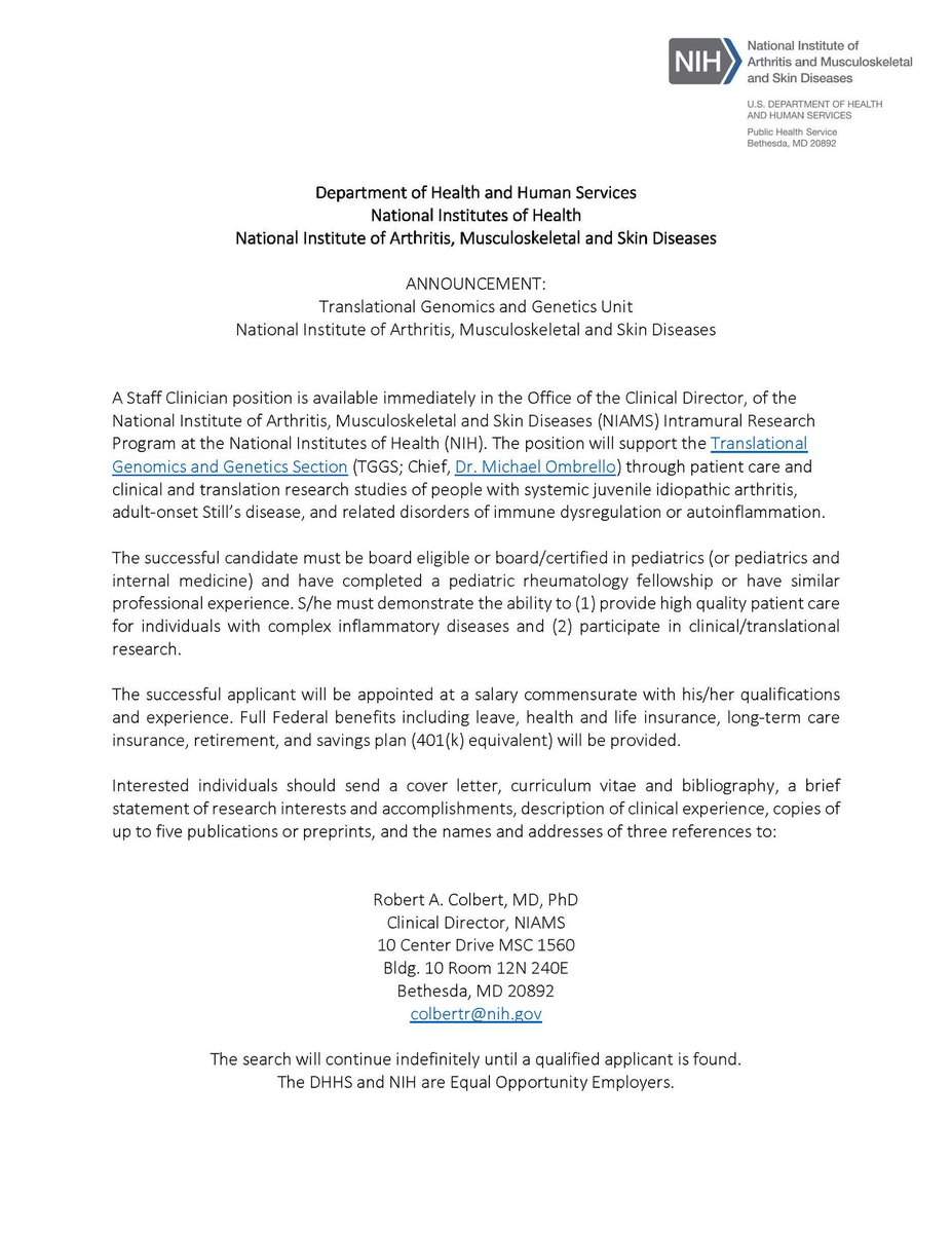 We are looking for a #MedPeds or #pedsrheum rheumatologist interested in 1) caring for people with and 2) performing clinical research studying #sJIA #AOSD #autoinflammation to join our clinical #Stills disease team at the @NIHClinicalCntr in Bethesda MD #MedTwitter #chooserheum