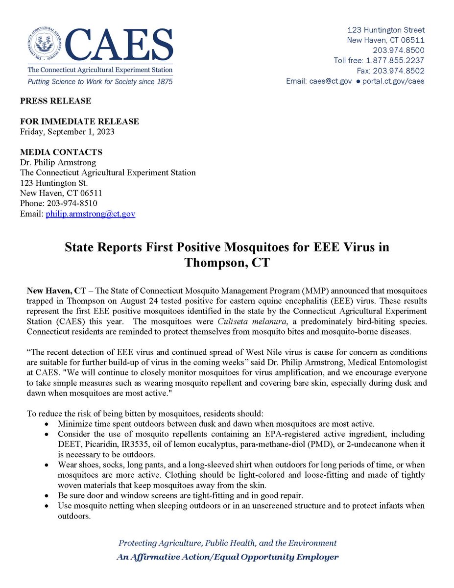 CT_CAES's tweet photo. CAES Press Release--"State Reports First Positive Mosquitoes for EEE Virus in Thompson, CT," Friday, September 1, 2023. Read the announcement on our website: https://t.co/FFZNH25Qc7

#EasternEquineEncephalitis #Arbovirus https://t.co/LoqIc17ulv