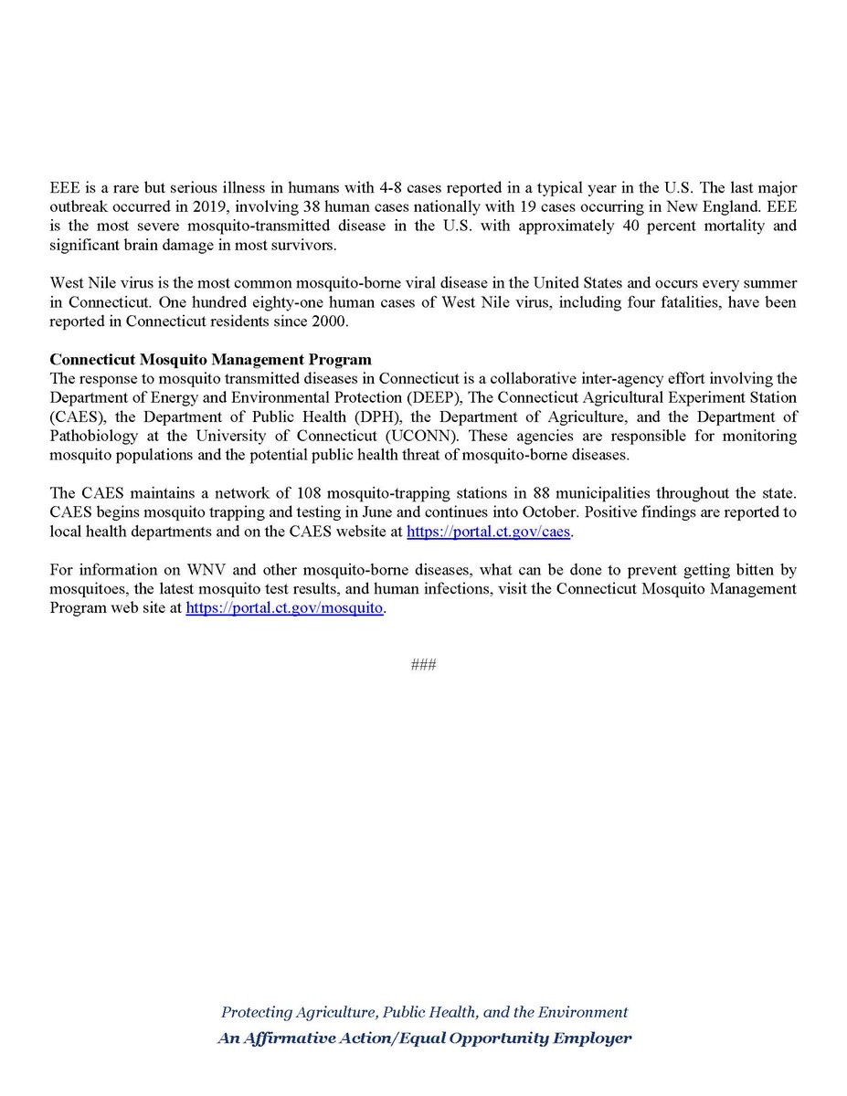 CAES Press Release--"State Reports First Positive Mosquitoes for EEE Virus in Thompson, CT," Friday, September 1, 2023. Read the announcement on our website: portal.ct.gov/-/media/CAES/D…

#EasternEquineEncephalitis #Arbovirus
