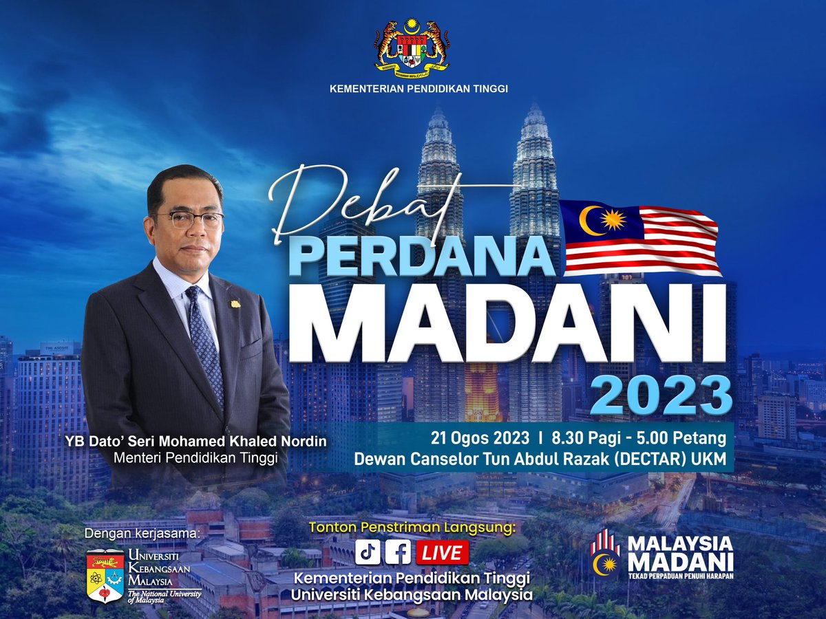 DEBAT PERDANA MADANI 2023

Jangan lepaskan peluang menonton penstriman langsung Program Debat Perdana MADANI 2023 pada 21 Ogos 2023 (Isnin) di platform Facebook dan TikTok Kementerian Pendidikan Tinggi (KPT), Universiti Kebangsaan Malaysia (UKM) &amp; Facebook Berita RTM.