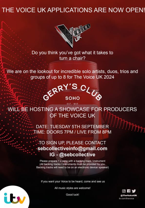 PopRevue (@poprevue) on Twitter photo The search is on for the UK VOICE of 2024
To have an opportunity to join in on this showcase at Gerry’s Tuesday 5th Sept
Email: sebcollectiveinfo@gmail.com
With social media links & live youtube performance (if possible)
#thevoiceuk #soholondon #gerrysclubsoho #savesoho RT The search is on for the UK VOICE of 2024
To have an opportunity to join in on this showcase at Gerry’s Tuesday 5th Sept
Email: sebcollectiveinfo@gmail.com
With social media links & live youtube performance (if possible)
#thevoiceuk #soholondon #gerrysclubsoho #savesoho RT
