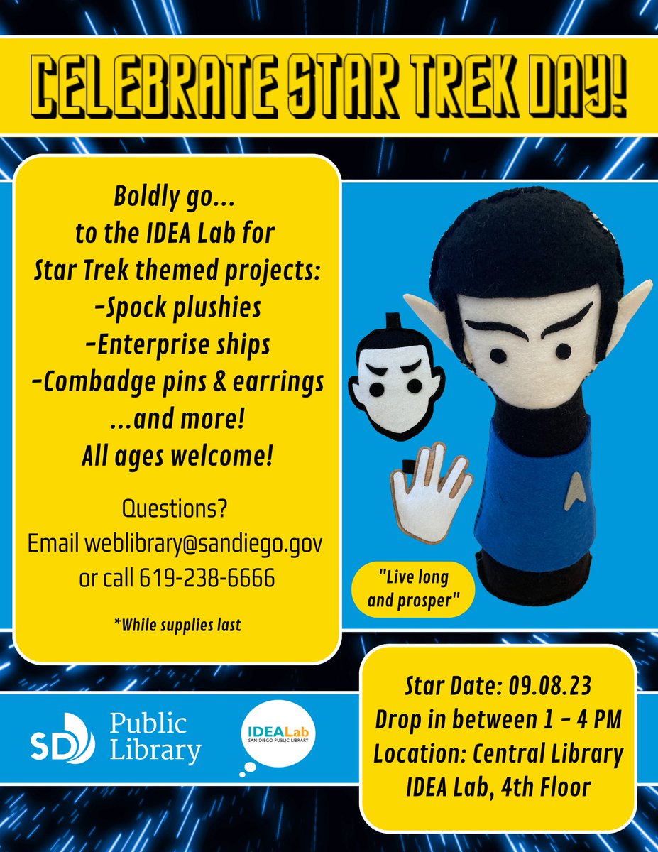 Marc Chery (@cherymarc) on Twitter photo Celebrate @StarTrekDay2023 at <a href="/SDPublicLibrary/">San Diego Public Library</a> on Friday, September 8
sandiego.librarymarket.com/event/star-tre… Celebrate @StarTrekDay2023 at <a href="/SDPublicLibrary/">San Diego Public Library</a> on Friday, September 8
sandiego.librarymarket.com/event/star-tre…