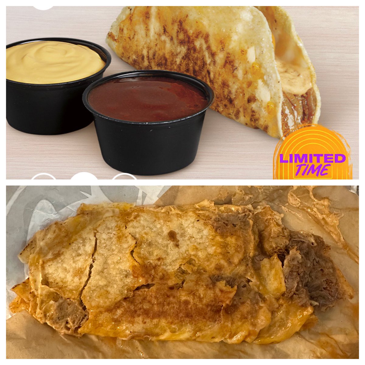atroyer8401's tweet photo. I was looking forward to trying the new shredded beef grilled cheese dipping taco from @tacobell but what I received was less than spectacular. Maybe they were having an off day but it was very soggy and disappointing.. 🤷🏼‍♀️🫠#expectationvsreality https://t.co/DLMxsMHme0