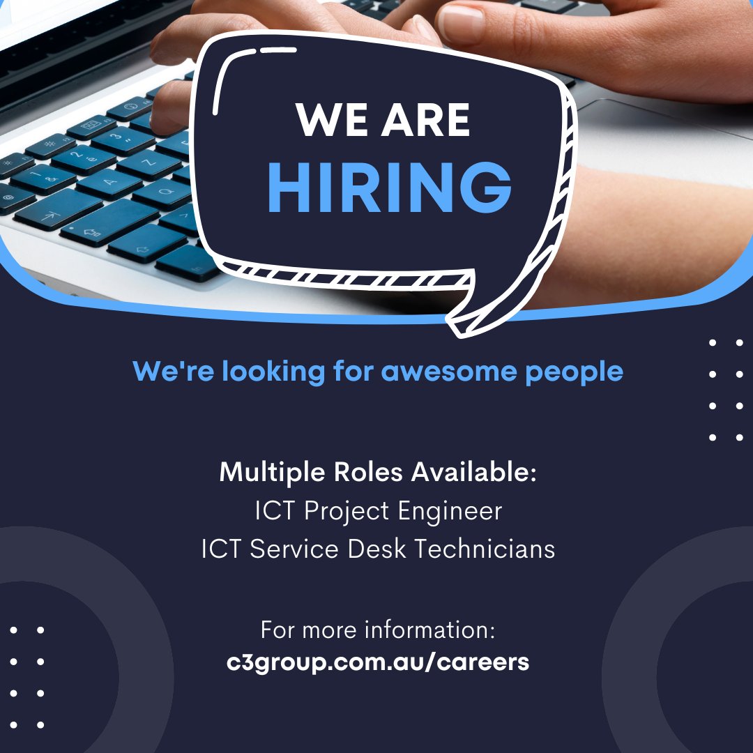 Calling all ICT Service Desk Technicians and ICT Project Engineers! 🤓
C3 Group are hiring - come join a diverse team of amazing people and help to innovate Technology for our customers and deliver amazing service! 🤝 
#C3Group #Hiring #TechLife 💻
.
c3group.com.au/careers