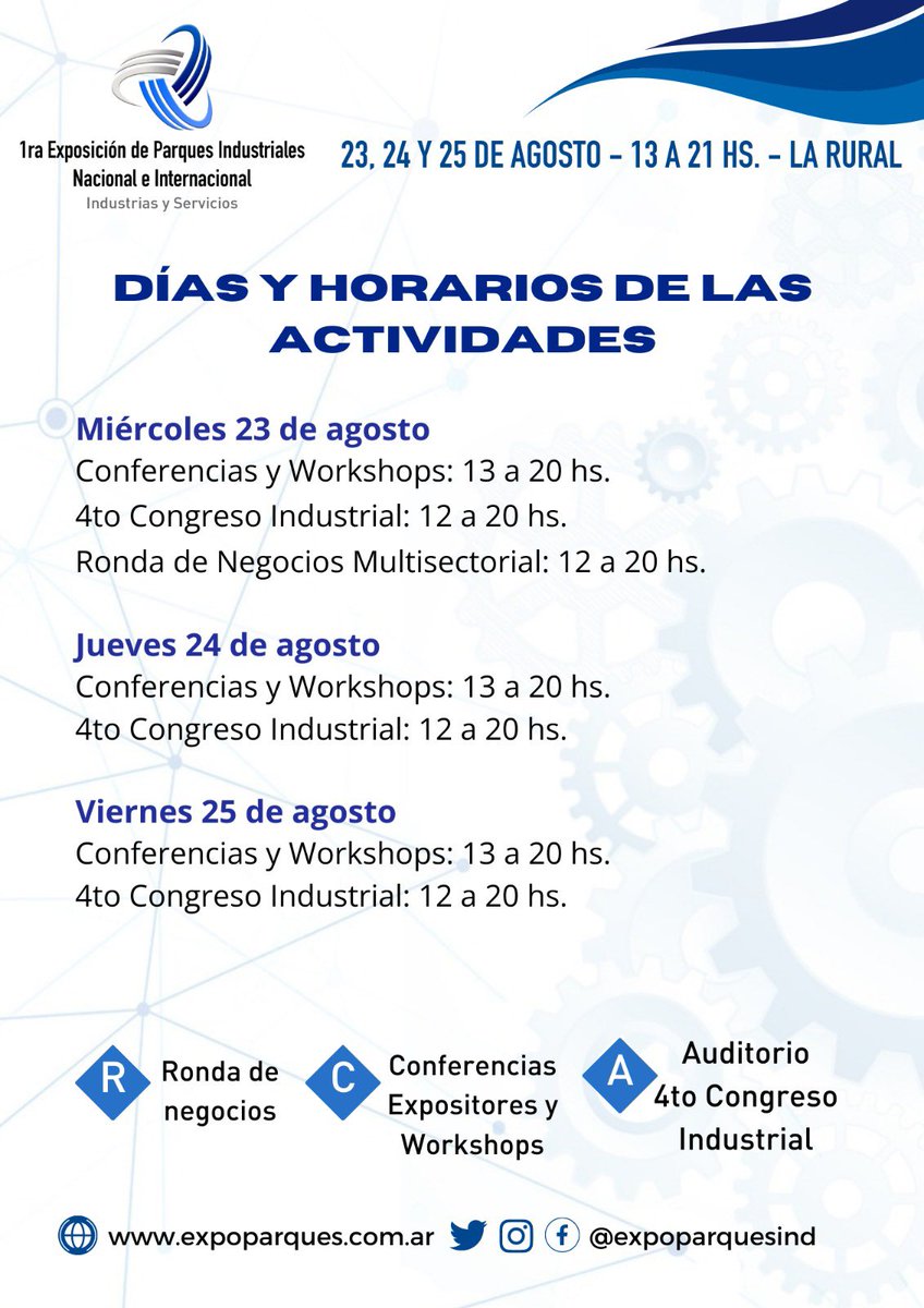 industrias_expo's tweet photo. ⚙️ Informativo con las actividades, días, horarios y espacios de cada actividad que se desarrollará en la 1era Exposición de Parques Industriales.

📍 La Rural - Av. Cerviño | 4476, CABA

Pre-Acreditación: https://t.co/NPqhffY2Gs ✅

https://t.co/dhYeBp6LMf https://t.co/P0vpme8Qgf