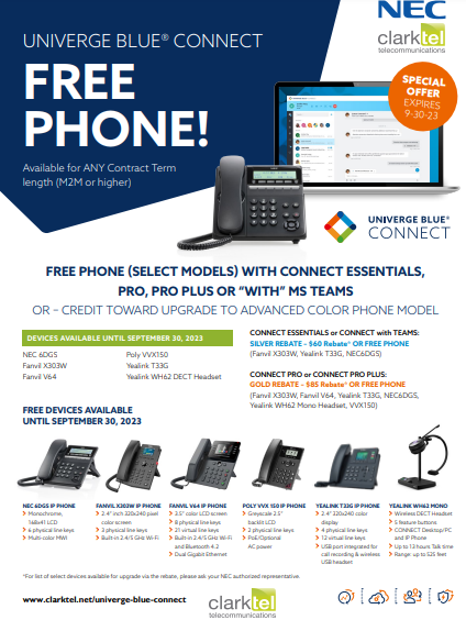 ClarktelTelecom's tweet image. Only one month left to seize the FREE PHONE promotion!  Don't miss your chance to upgrade your communication game. Upgrade to #UNIVERGE BLUE® CONNECT claim your FREE PHONE or credit towards an advanced model. Act now!  info@clarktel.net #LimitedTime #UpgradeToday #FreePhonePromo